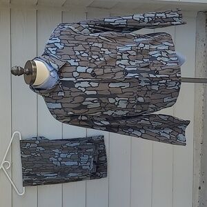 TREBARK‎ Camo Brown Grey Mens Sz M/L Full Button Up Hunting Jacket Pants Set VTG